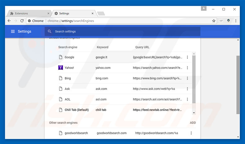Removendo search.chill-tab.com do motor de pesquisa padrão do Google Chrome