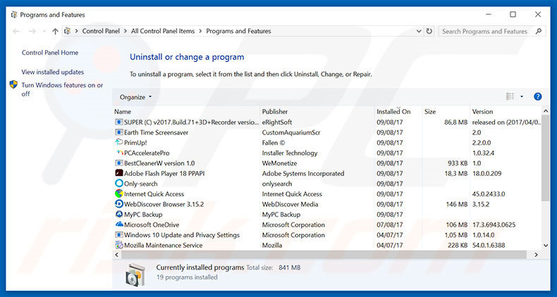 desinstalar o adware clicknshare.net via Painel de Controlo