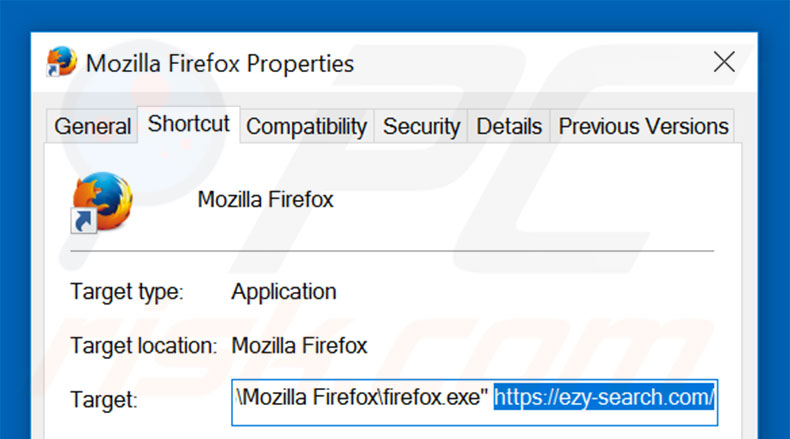 Removendo ezy-search.com do atalho do Mozilla Firefox passo 2