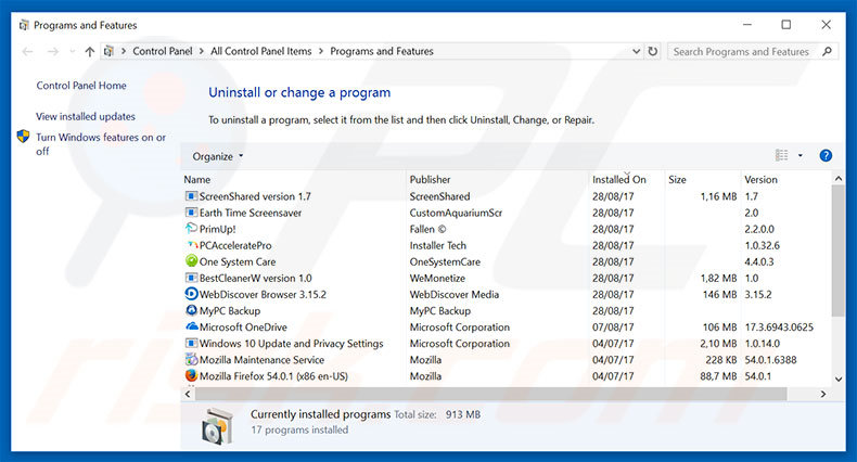 desinstalar o adware Warning Alert  através do Painel de Controlo