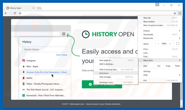 Removendo os anúncios History Open do Google Chrome passo 1