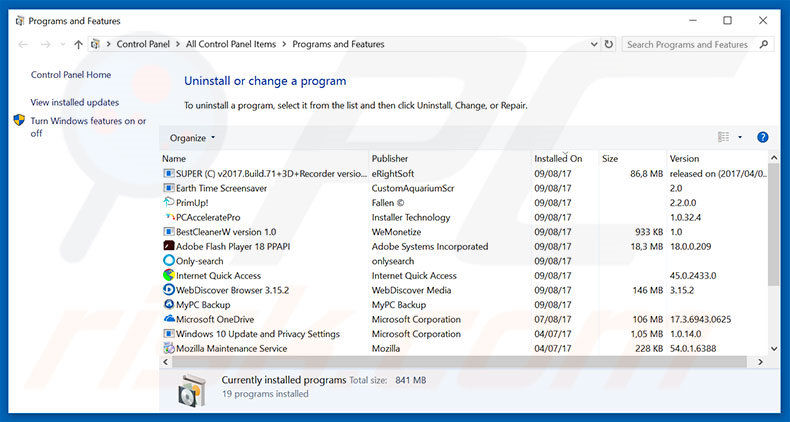 desinstalar o adware laserveradedomaina.com via Painel de Controlo