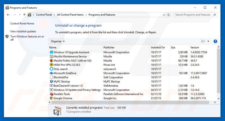 desinstalar o adware Microsoft System Security Alert através do Painel de Controlo