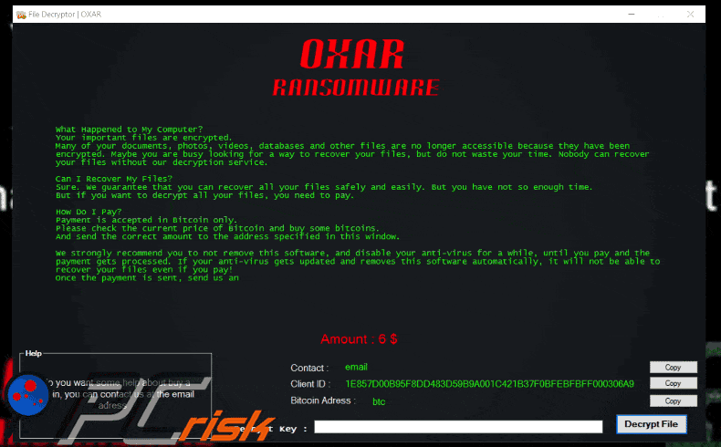 Janela pop-up atualizada do ransomware oxar