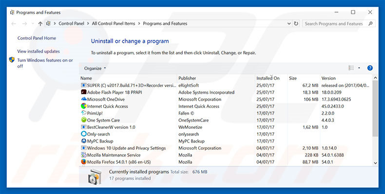 desinstalar o adware pipeschannels.com via Painel de Controlo