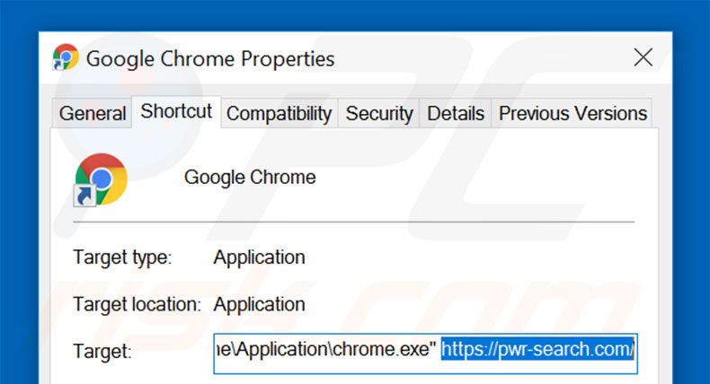 Removendo pwr-search.com do atalho do Google Chrome passo 2