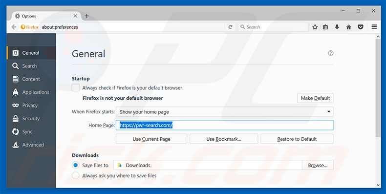 Removendo pwr-search.com da página inicial do Mozilla Firefox