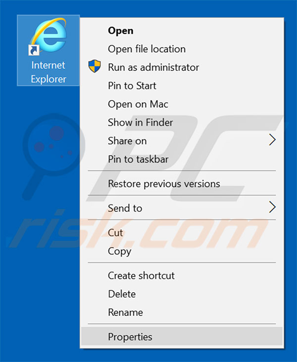 Removendo pwr-search.com do atalho do Internet Explorer passo 1