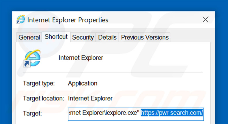 Removendo pwr-search.com do atalho do Internet Explorer passo 2