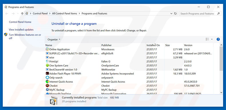 desinstalar o sequestrador de navegador pwr-search.com via Painel de Controlo