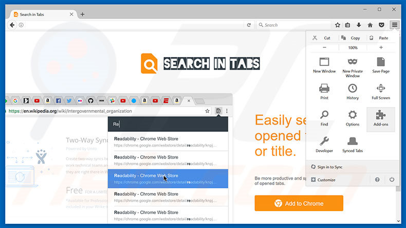 Removendo os anúncios Search In Tabs do Mozilla Firefox passo 1