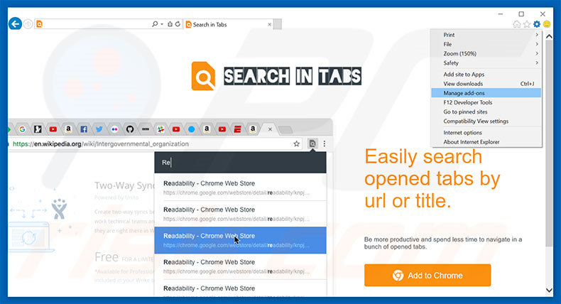 Removendo os anúncios Search In Tabs do Internet Explorer passo 1