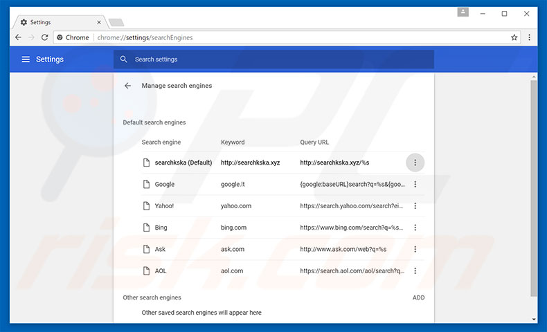 Removendo searchkska.xyz do motor de busca padrão do Google Chrome