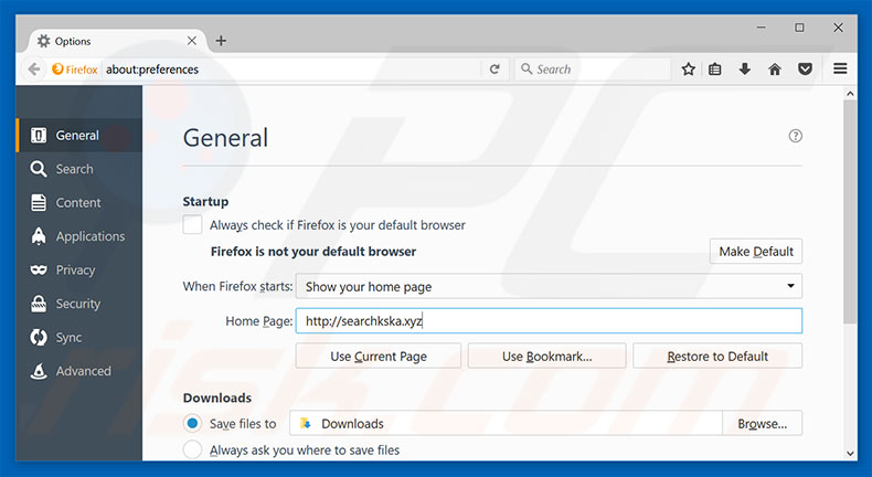 Removendo searchkska.xyz da página inicial do Mozilla Firefox