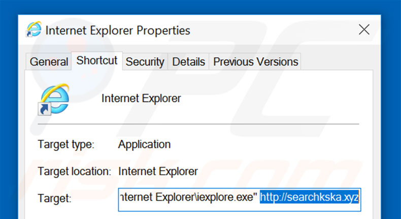 Removendo searchkska.xyz do atalho do Internet Explorer passo 2