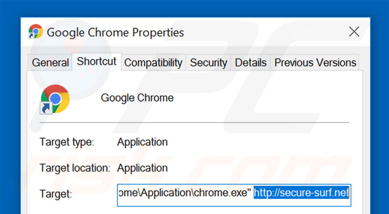 Removendo secure-surf.net do atalho do Google Chrome passo 2