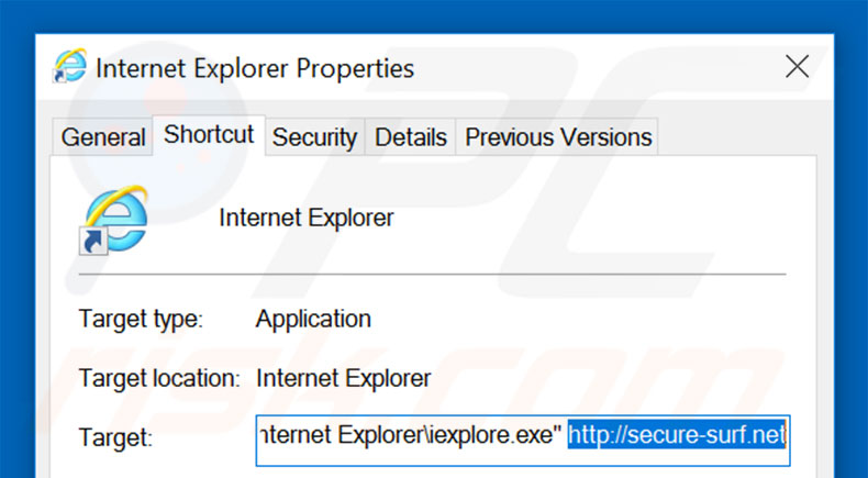Removendo secure-surf.net do atalho do Internet Explorer passo 2