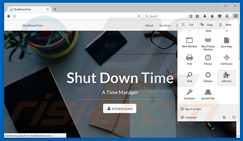 Removendo os anúncios ShutDownTime do Mozilla Firefox passo 1