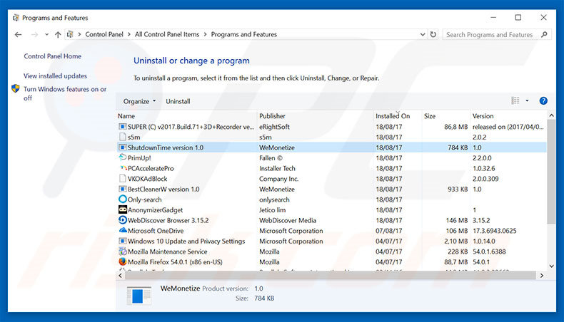 desinstalar o adware ShutDownTime via Painel de Controlo