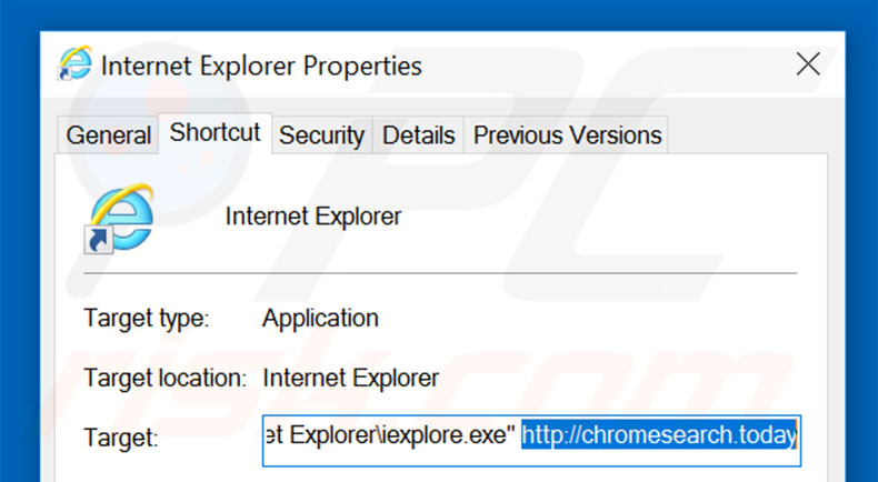 Removendo chromesearch.today do atalho do Internet Explorer passo 2