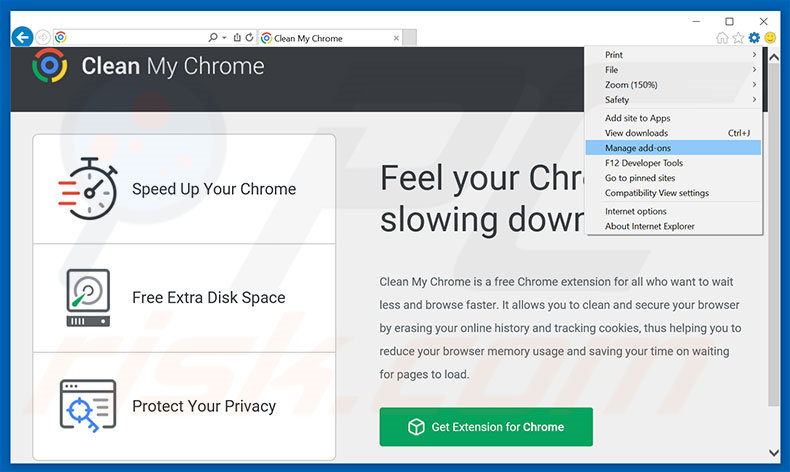 Removendo os anúncios Clean My Chrome do Internet Explorer passo 1