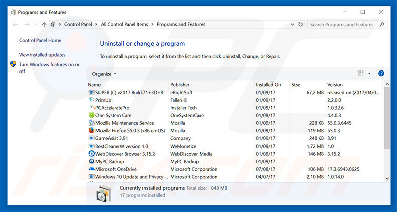 desinstalar o adware Clean My Chrome via Painel de Controlo