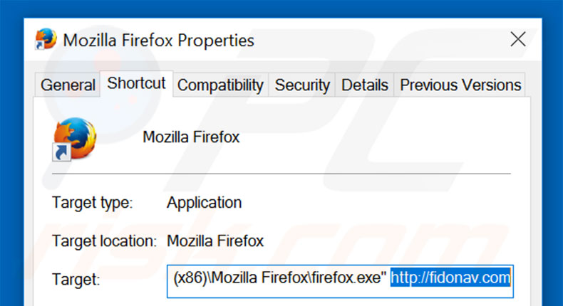 Removendo fidonav.com do atalho do Mozilla Firefox passo 2