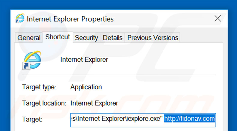 Removendo fidonav.com do atalho do Internet Explorer passo 2