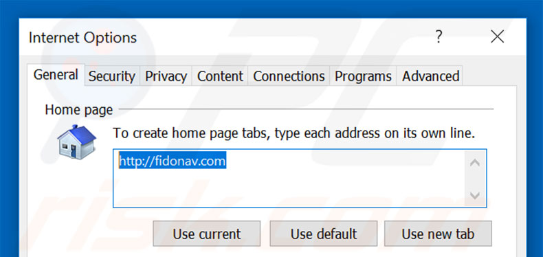 Removendo a página inicial fidonav.com do Internet Explorer