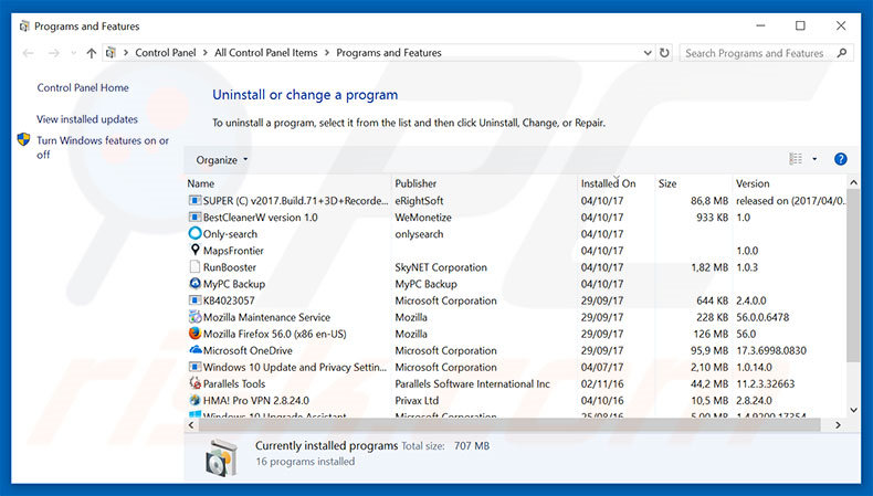 desinstalar o sequestrador de navegador fidonav.com via Painel de Controlo