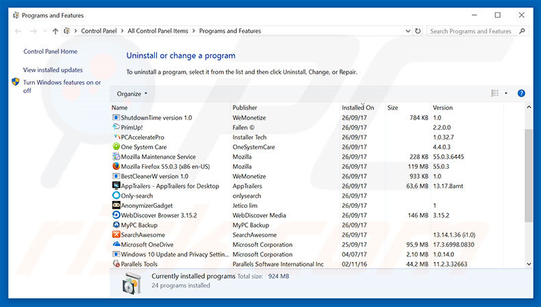 desinstalar o adware Google Security Warning via Painel de Controlo