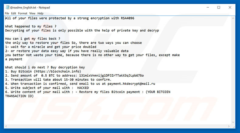 Variante inglesa do ficheiro de texto ransomware hacked