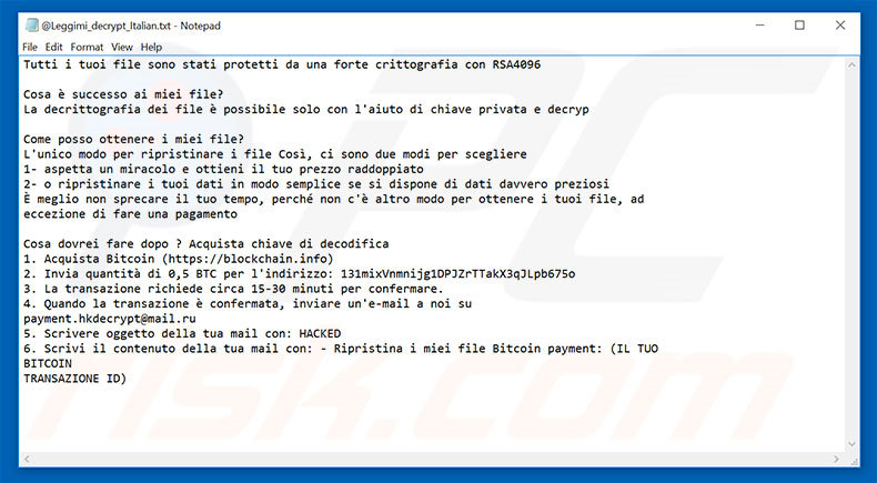 ficheiro de texto da variante italiana do ransomware Hacked