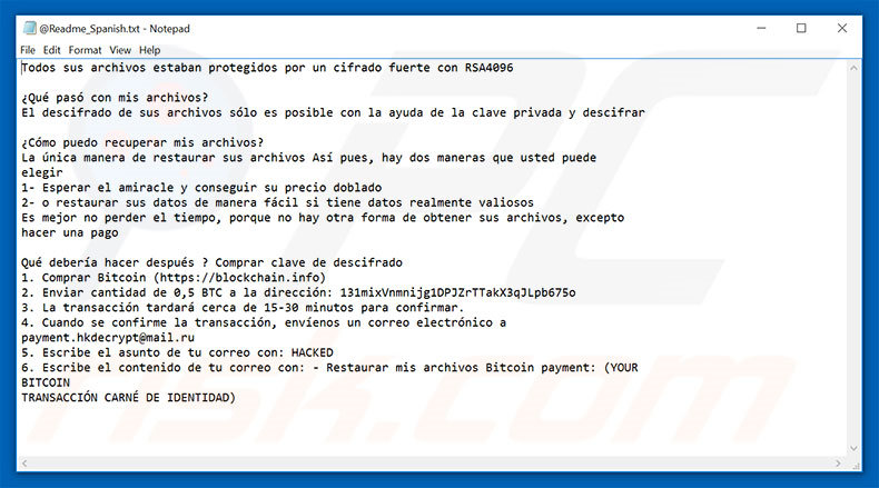 Variante espanhola do Ficheiro de texto ransomware Hacked
