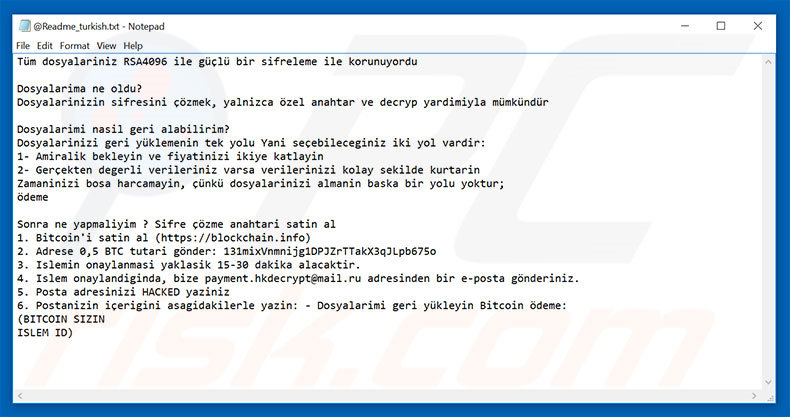 ficheiro de texto da variante turca do ransomware Hacked