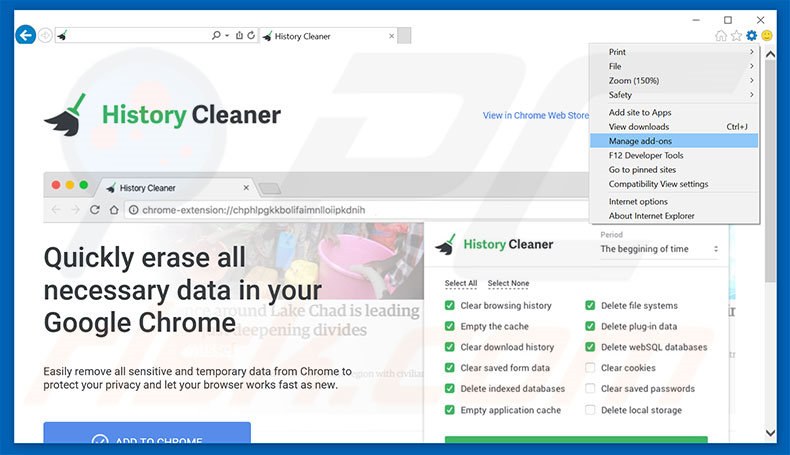 Removendo os anúncios History Cleaner do Internet Explorer passo 1