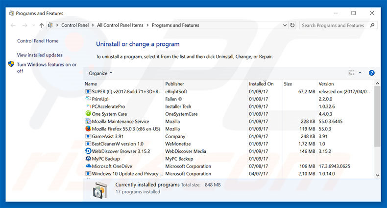 desinstalar o adware History Cleaner através do Painel de Controlo