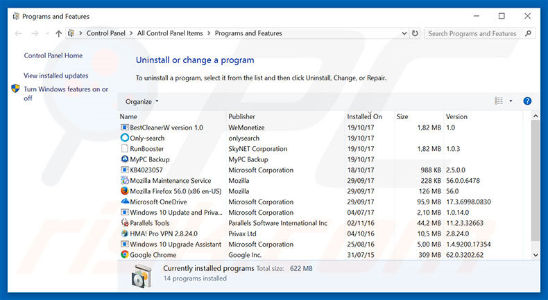 Desinstalação de adware Microsoft Security Alert através do painel de controlo