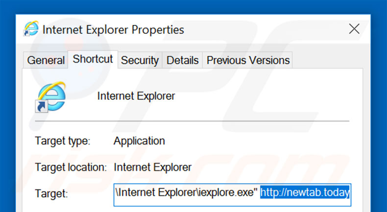 Removendo newtab.today do atalho do Internet Explorer passo 2