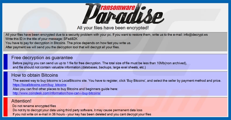 Mensagem pop-up do ransomware paradise