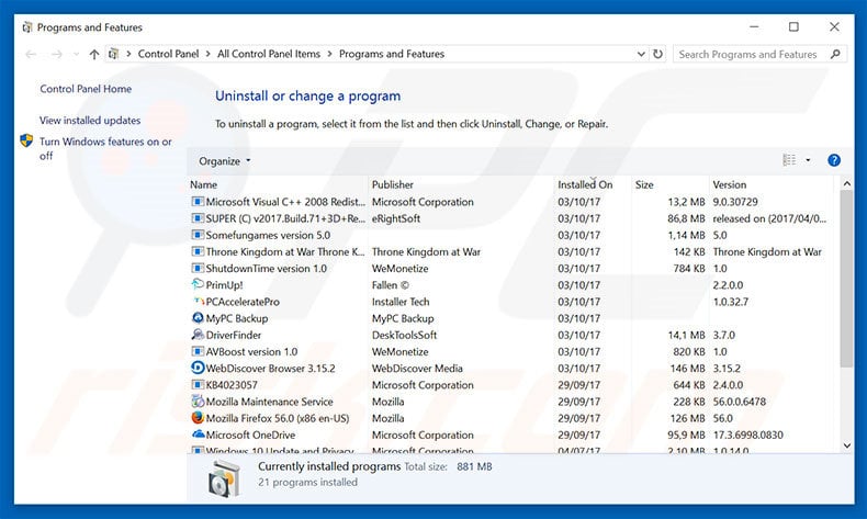 desinstalar o adware Possible Suspicious Activity via Painel de Controlo