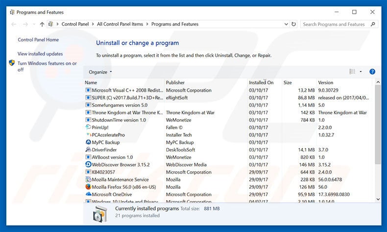 desinstalar o adware Possible Suspicious Activity via Painel de Controlo