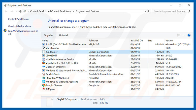 Desinstalação do adware RunBooster via Painel de Controlo