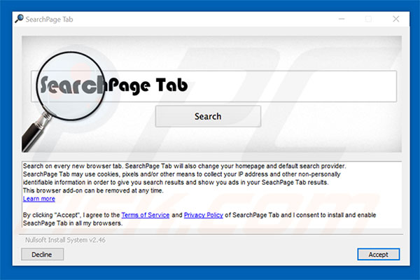 Configuração da instalação do sequestrador de navegador oficial SearchPage Tab