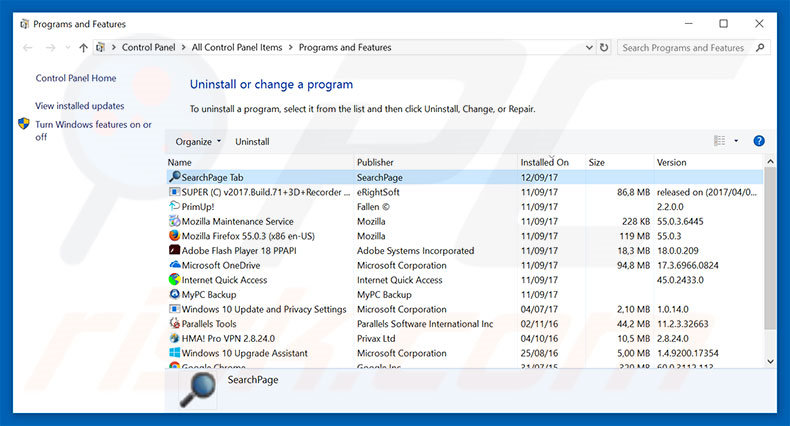 desinstalar o sequestrador de navegador searchpage.com via Painel de Controlo