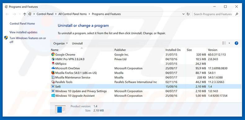 desinstalar o adware Setli via Painel de Controlo