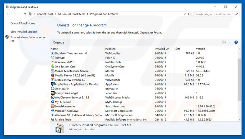 desinstalar o adware Someone Is Trying To Steal Your Banking Details através do Painel de Controlo