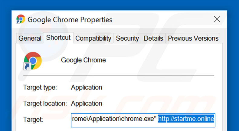 Removendo startme.online do atalho do Google Chrome passo 2