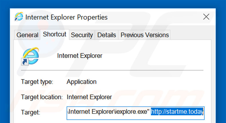 Removendo startme.today do atalho do Internet Explorer passo 2