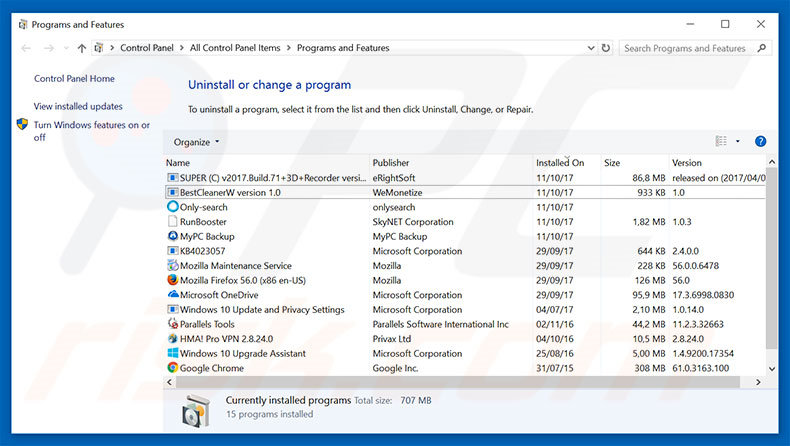 Desinstalar o adware Unable to Locate Windows License Key via painel de controlo